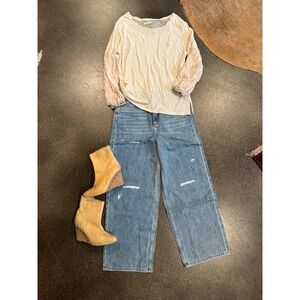 Wide Leg Distressed Jeans High Waist Light Wash Denim Casual Trousers